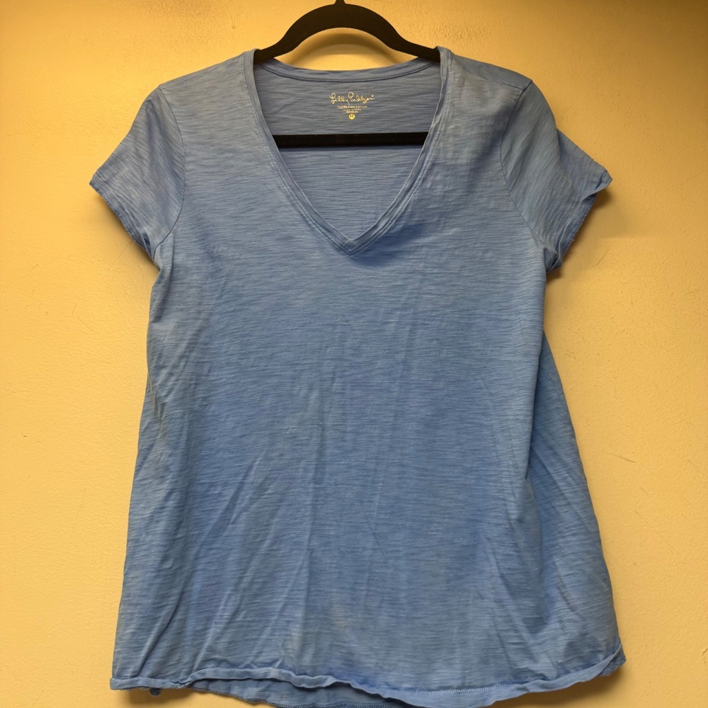 Lilly Pulitzer Etta V-Neck Tee Womens Medium Blue Excellent Pima Cotton Slub Top